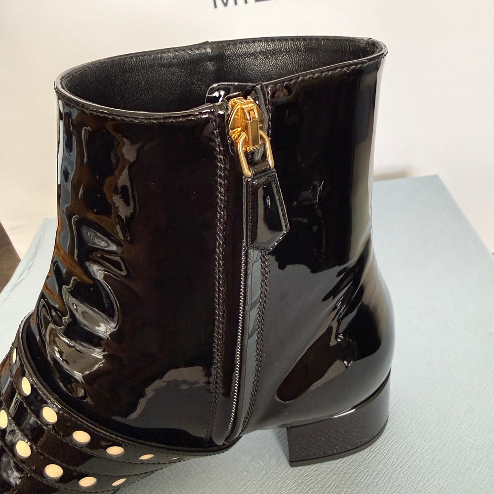 Prada 1T817N Women's Black Patent Leather Beaded Ankle Boot, sz 37.5 - Picture 7 of 16